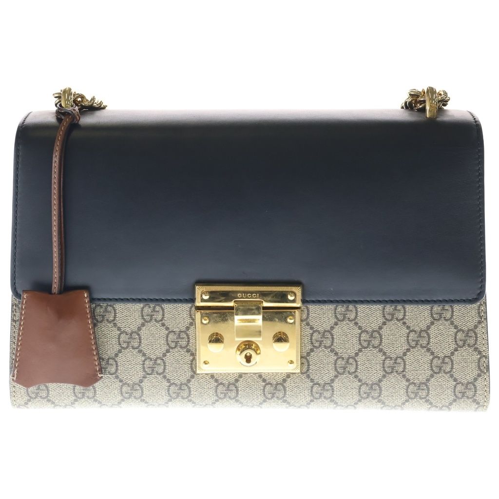 Gucci GG Supreme Padlock Shoulder Bag Chain Leather Black Brown Gold