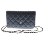 Chanel Classic Chain Wallet Shoulder Bag Black Caviar Leather Silver