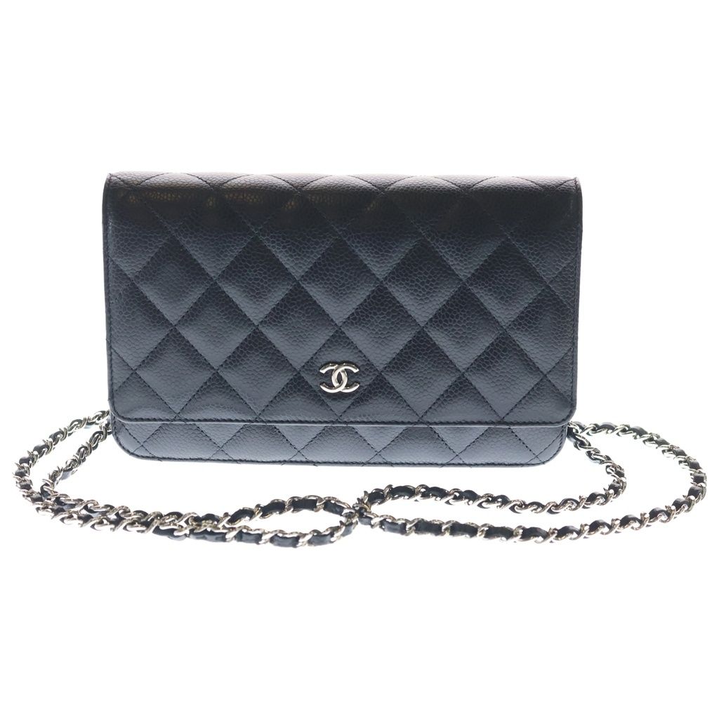 Chanel Classic Chain Wallet Shoulder Bag Black Caviar Leather Silver