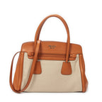 Prada Medium Top Handle Tote Orange Beige Woven Canvas