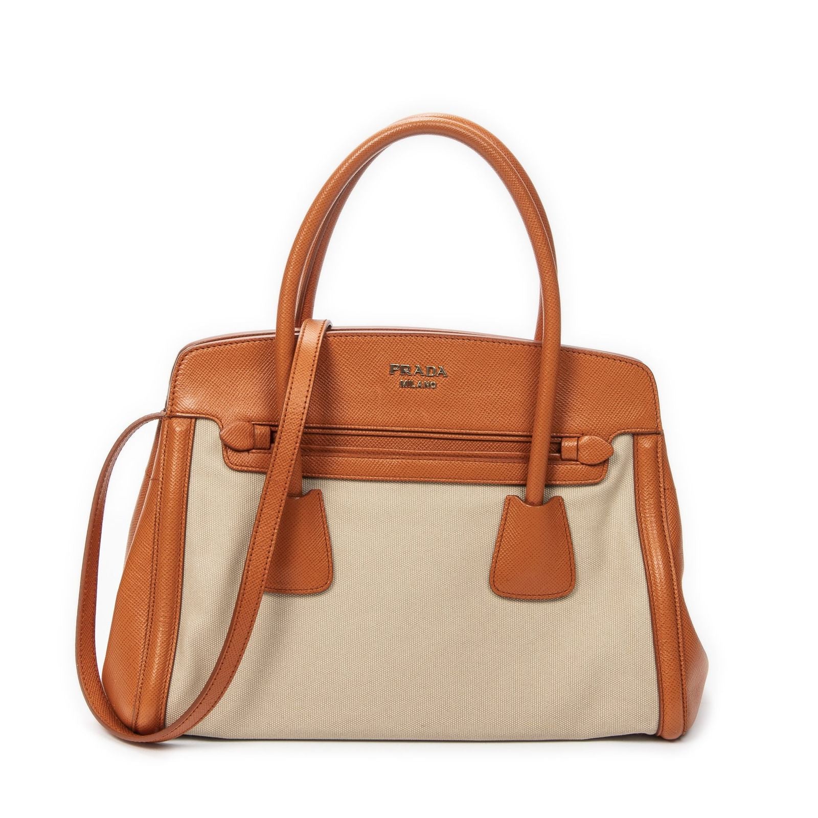 Prada Medium Top Handle Tote Orange Beige Woven Canvas