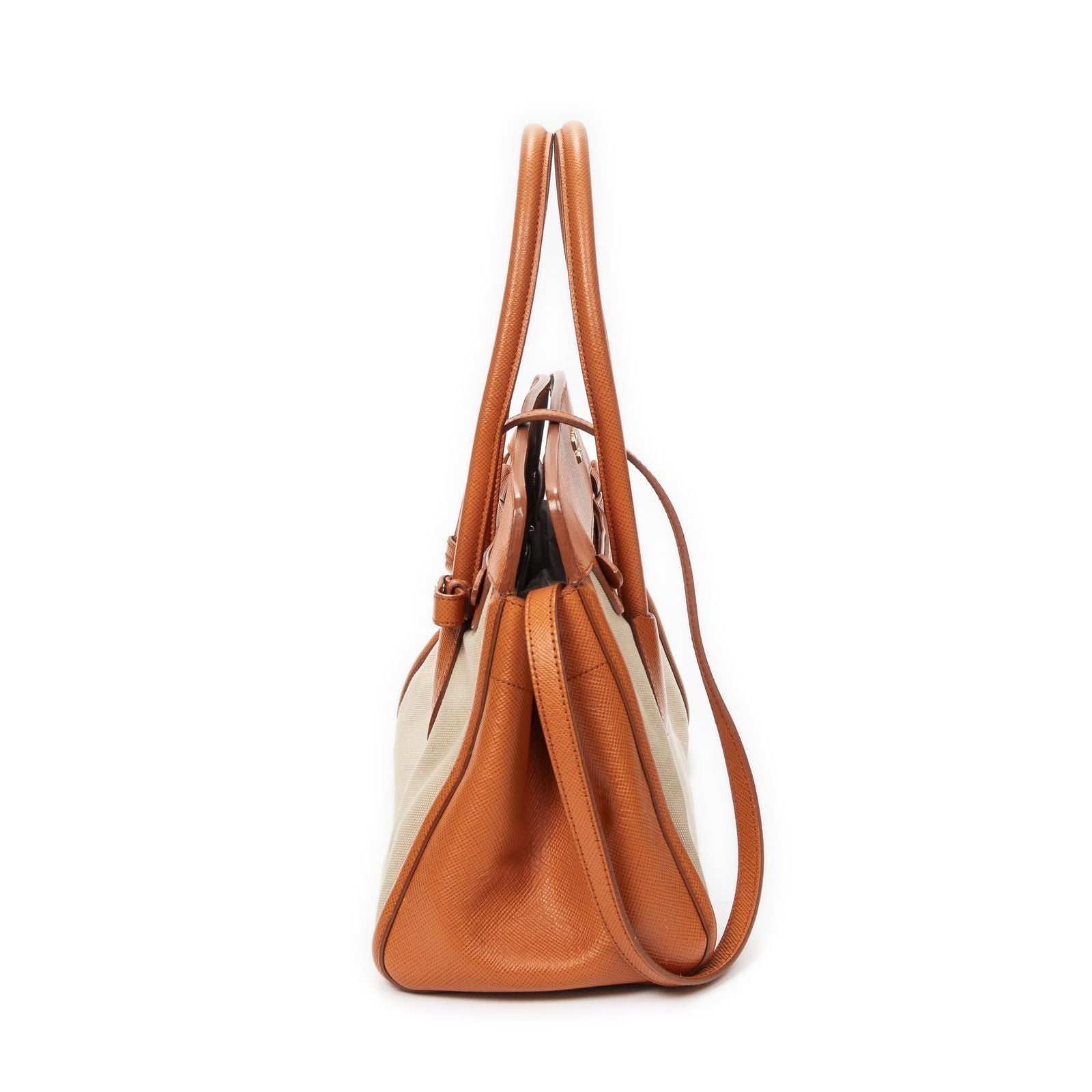 Prada Medium Top Handle Tote Orange Beige Woven Canvas — view 4