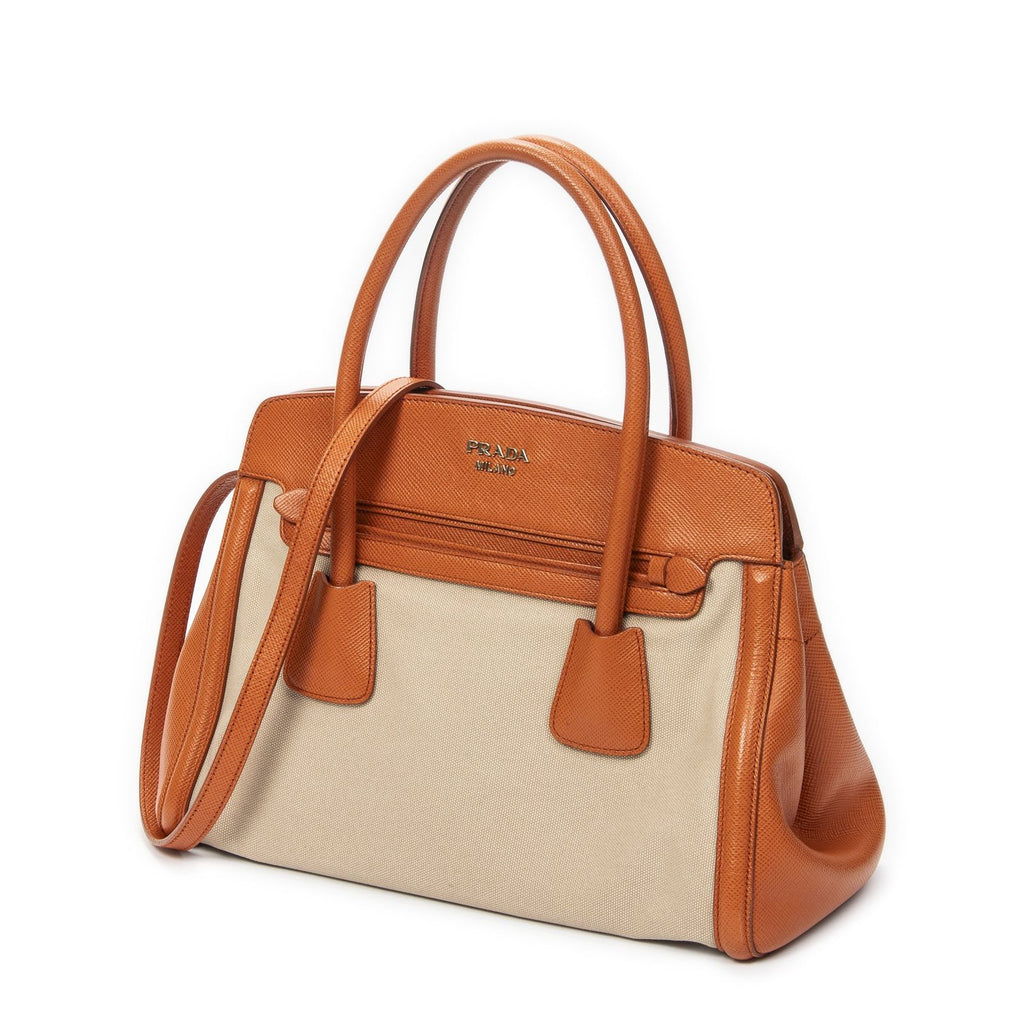 Prada Medium Top Handle Tote Orange Beige Woven Canvas — view 2