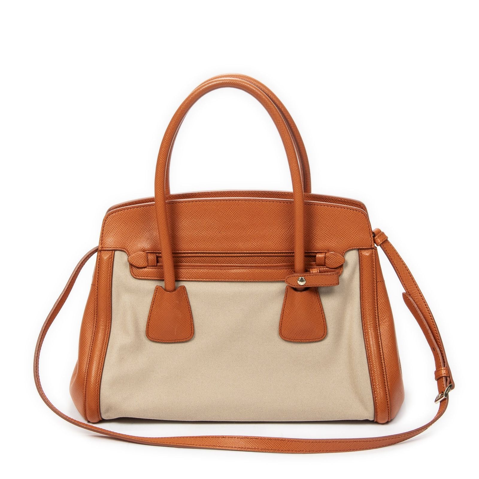 Prada Medium Top Handle Tote Orange Beige Woven Canvas — view 5