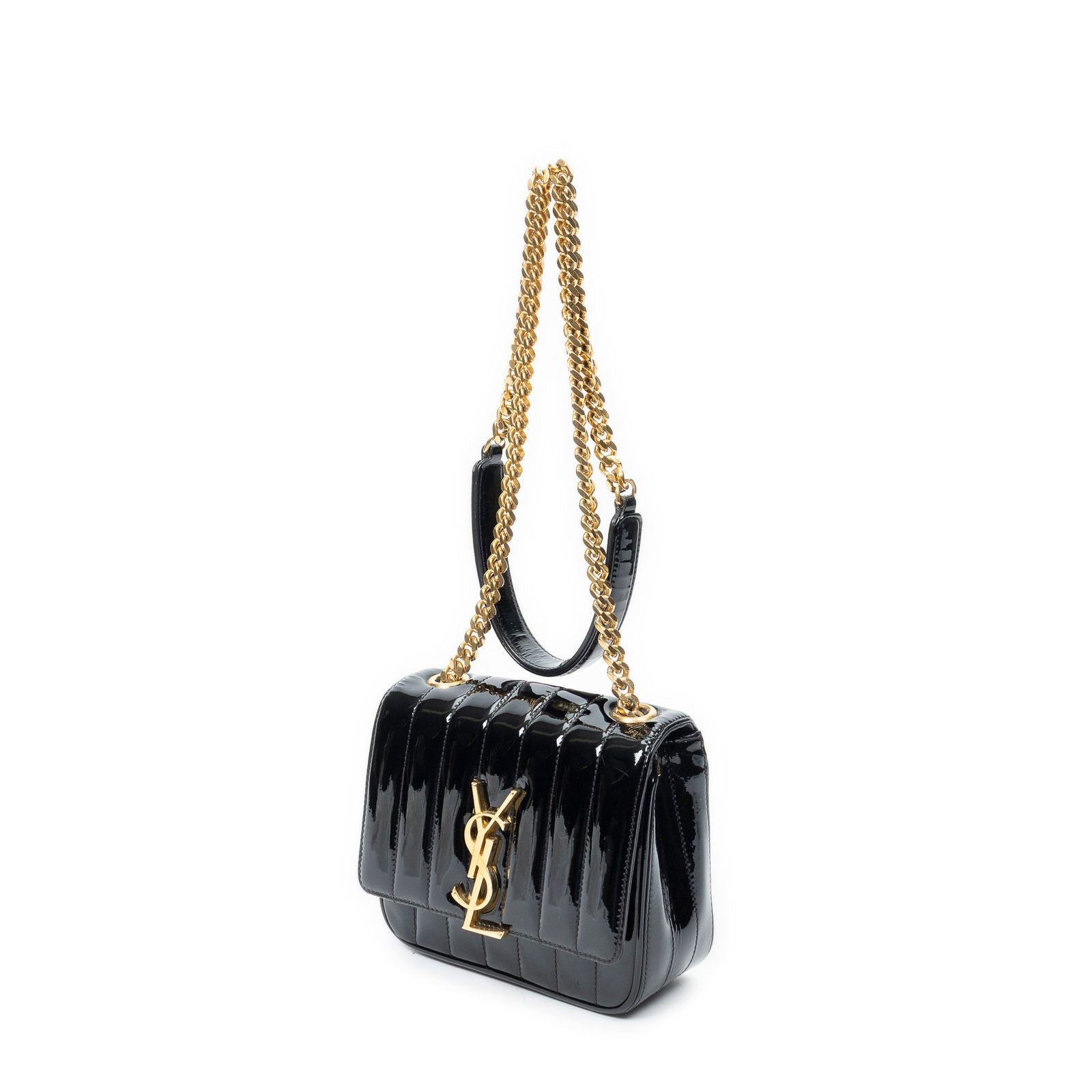 Saint Laurent Small Vicky Chain Crossbody Black Matelasse Wrinkled Patent — view 2