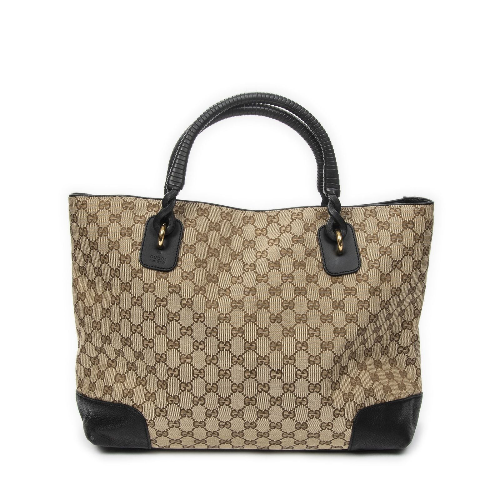 Gucci Large Twisted Handle Zip Tote Beige Black GG Canvas
