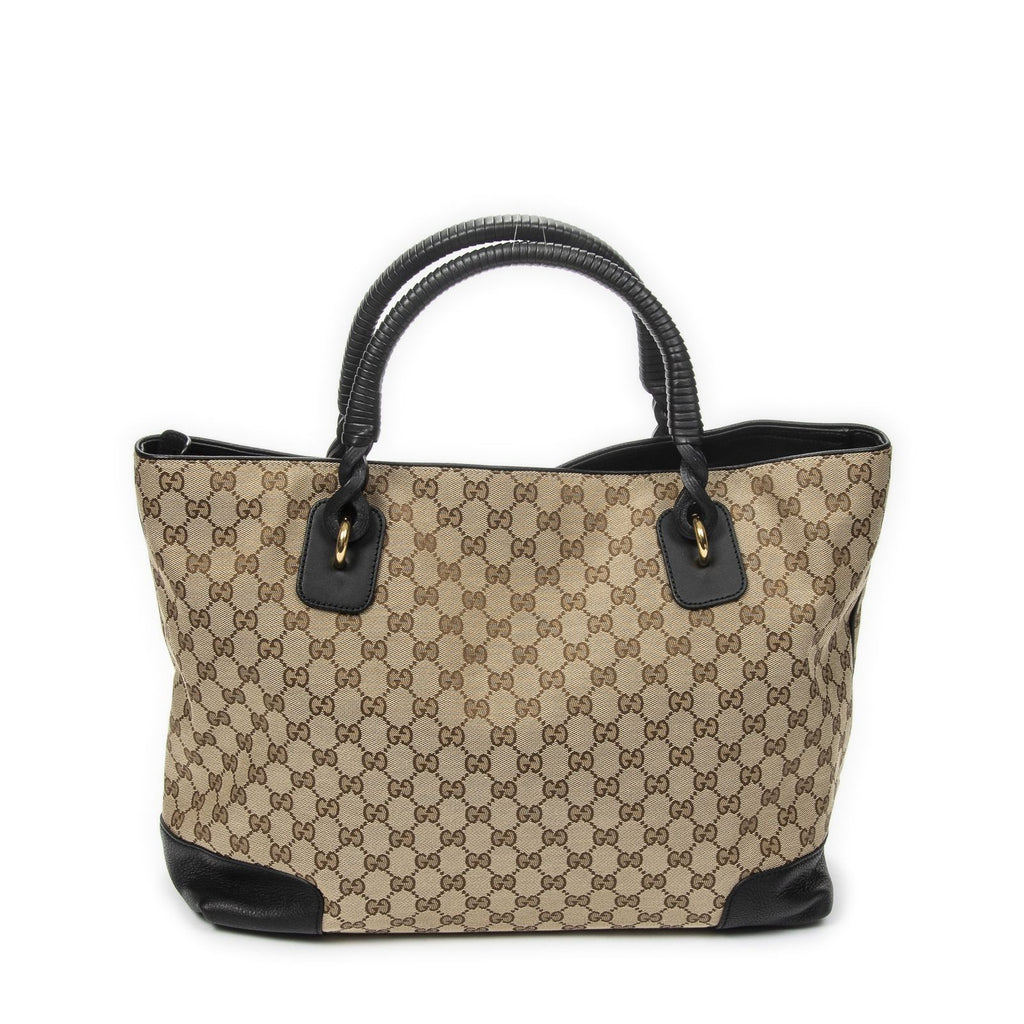 Gucci Large Twisted Handle Zip Tote Beige Black GG Canvas — view 5