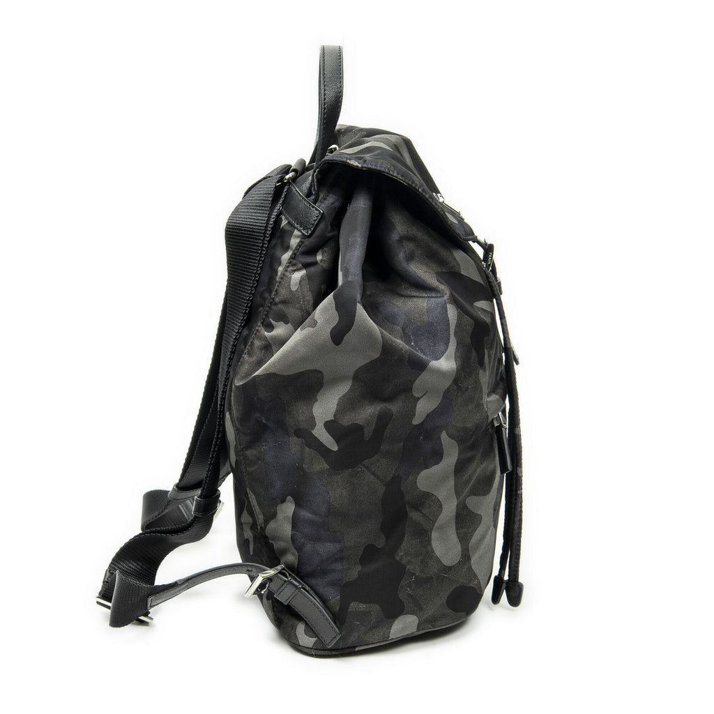 Prada Drawstring Flap Backpack Dark Green Black Camouflage Nylon — view 4