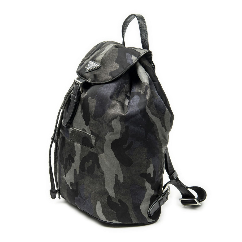 Prada Drawstring Flap Backpack Dark Green Black Camouflage Nylon — view 2