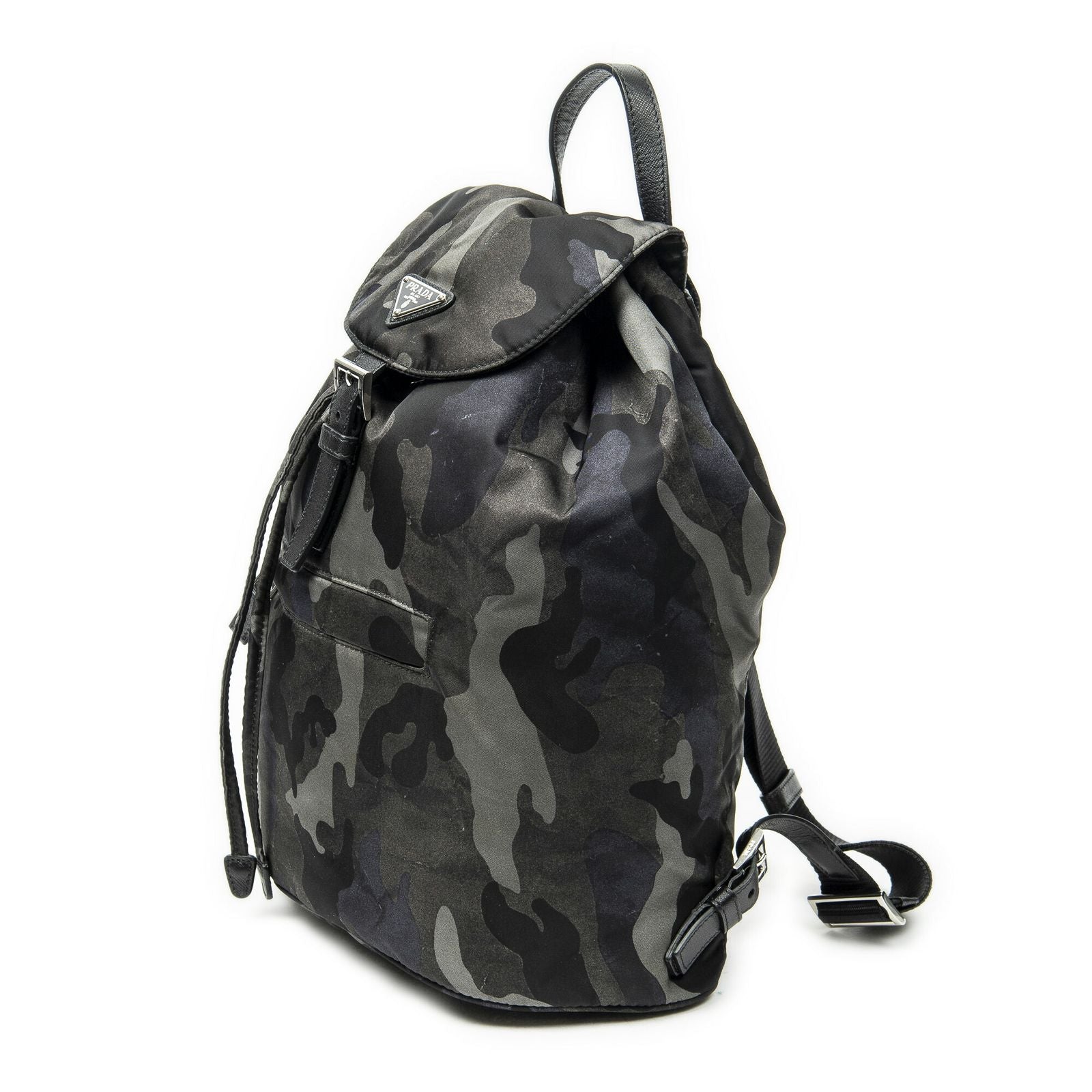Prada Drawstring Flap Backpack Dark Green Black Camouflage Nylon — view 2