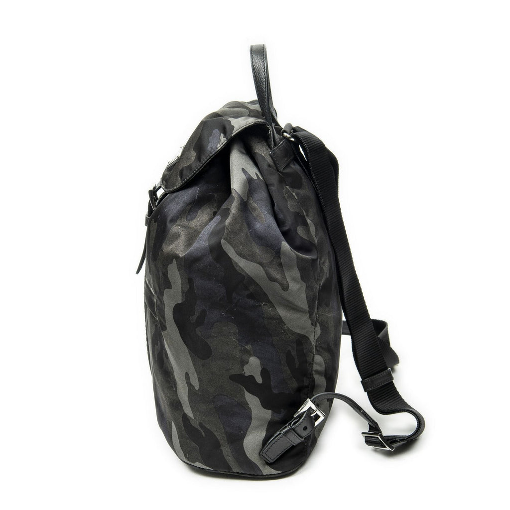 Prada Drawstring Flap Backpack Dark Green Black Camouflage Nylon — view 3