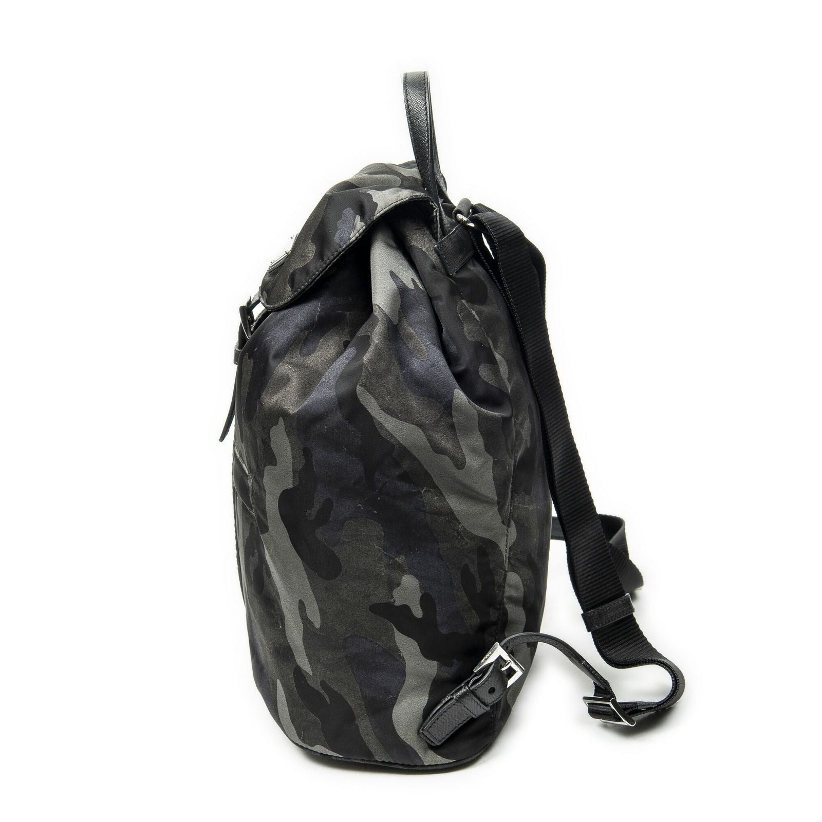 Prada Drawstring Flap Backpack Dark Green Black Camouflage Nylon — view 3