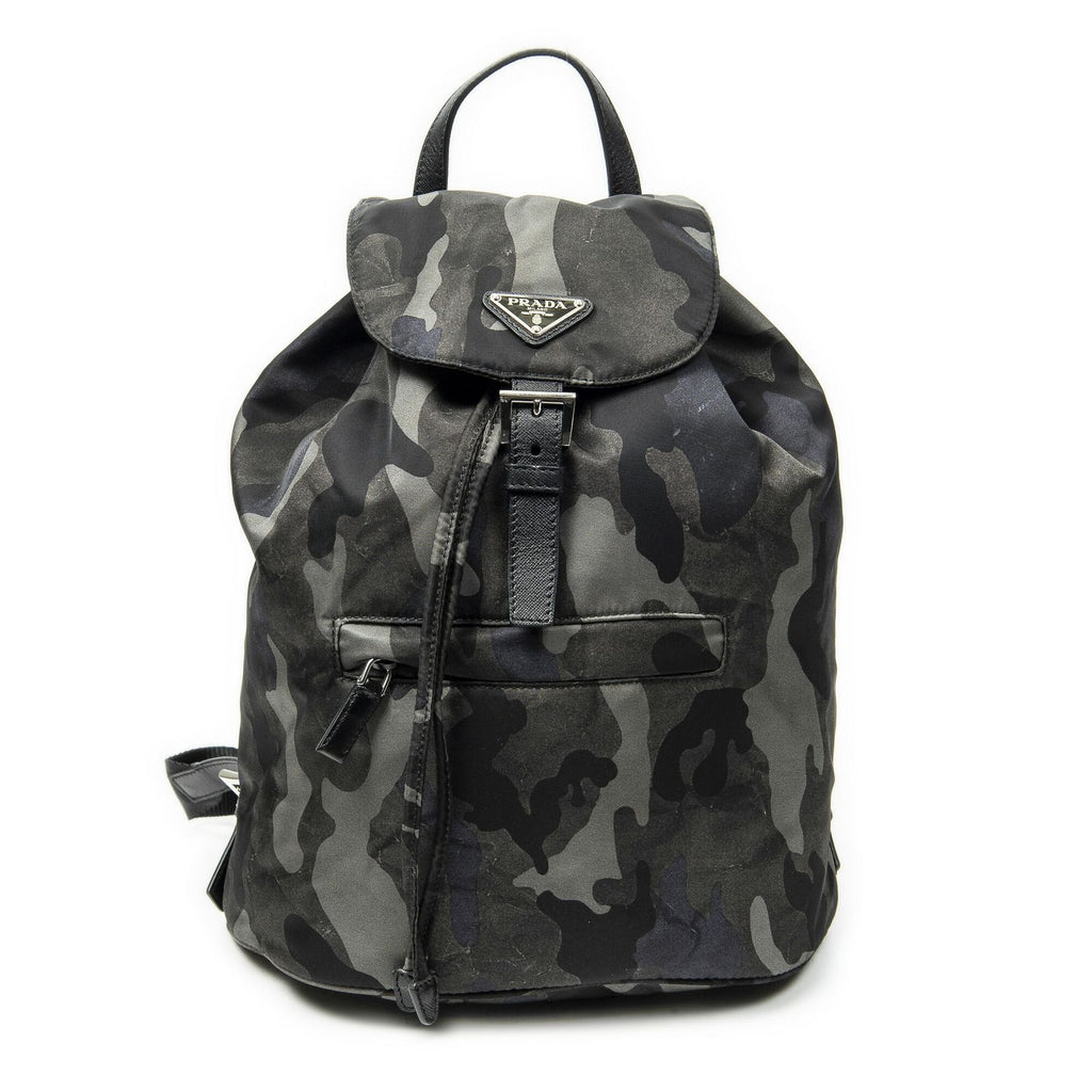 Prada Drawstring Flap Backpack Dark Green Black Camouflage Nylon
