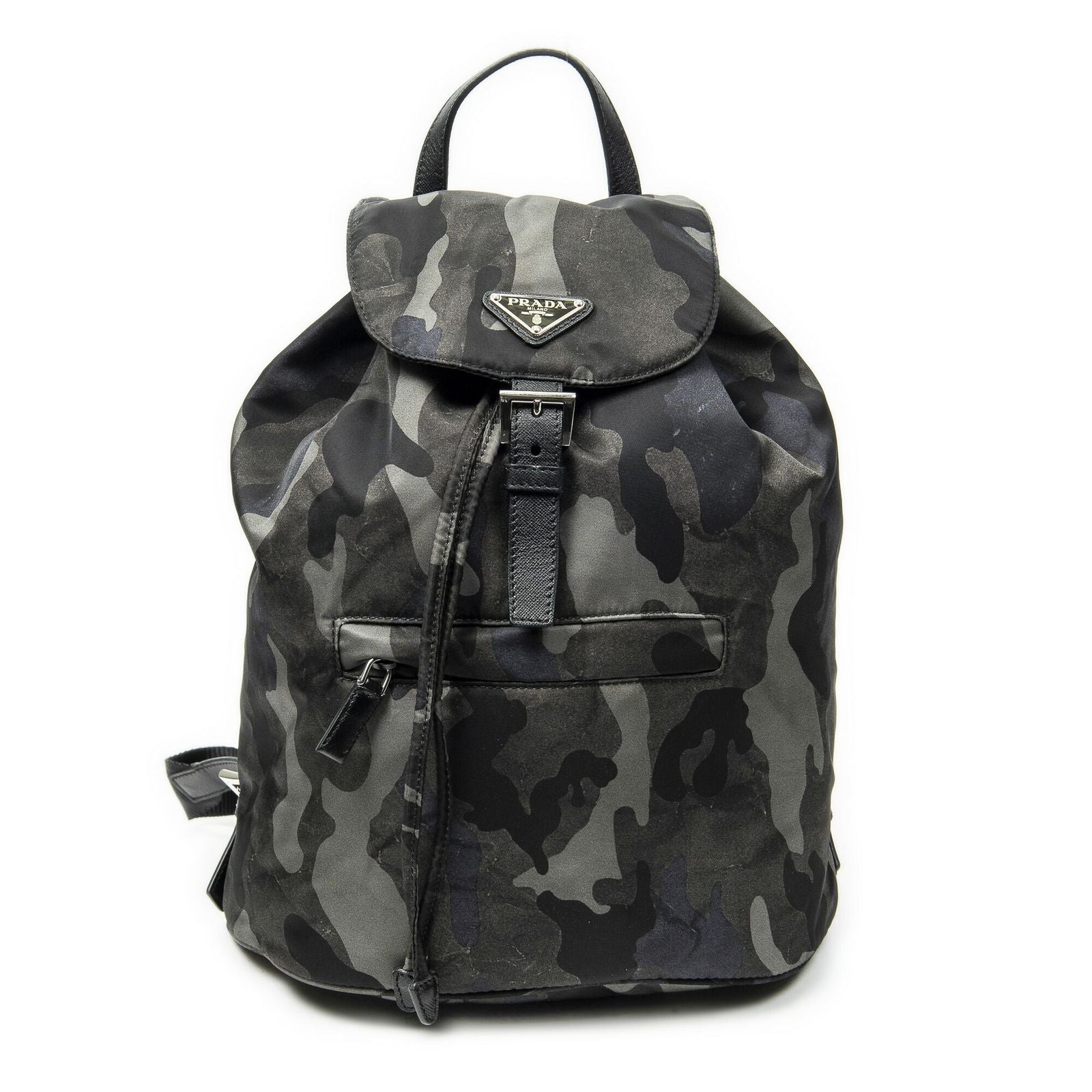 Prada Drawstring Flap Backpack Dark Green Black Camouflage Nylon