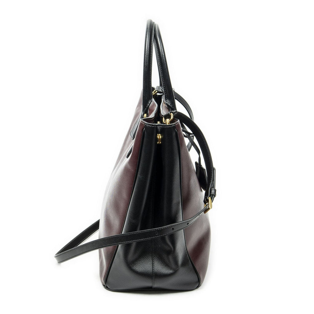 Prada Convertible Open Tote Burgundy Black Saffiano Leather — view 4