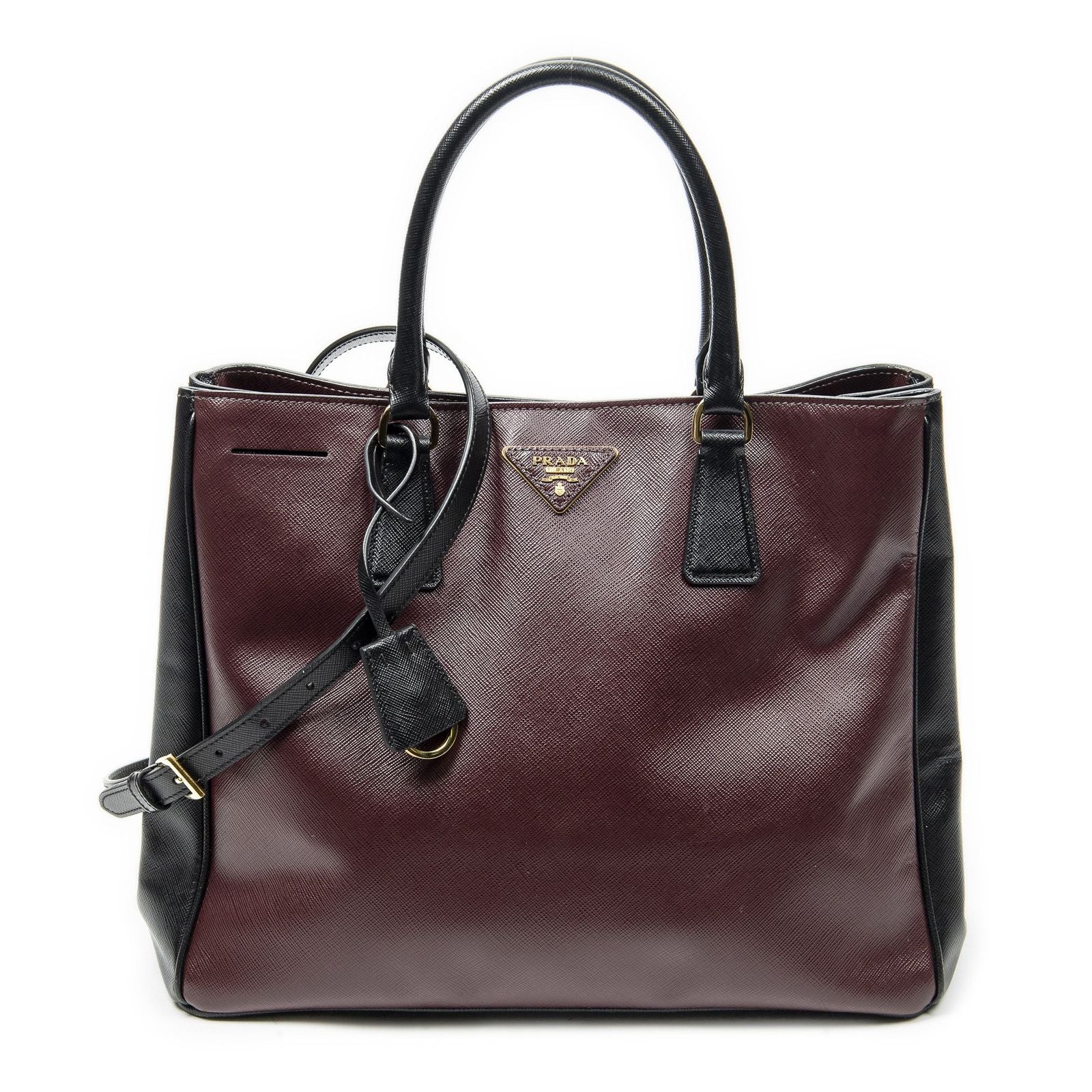 Prada Convertible Open Tote Burgundy Black Saffiano Leather