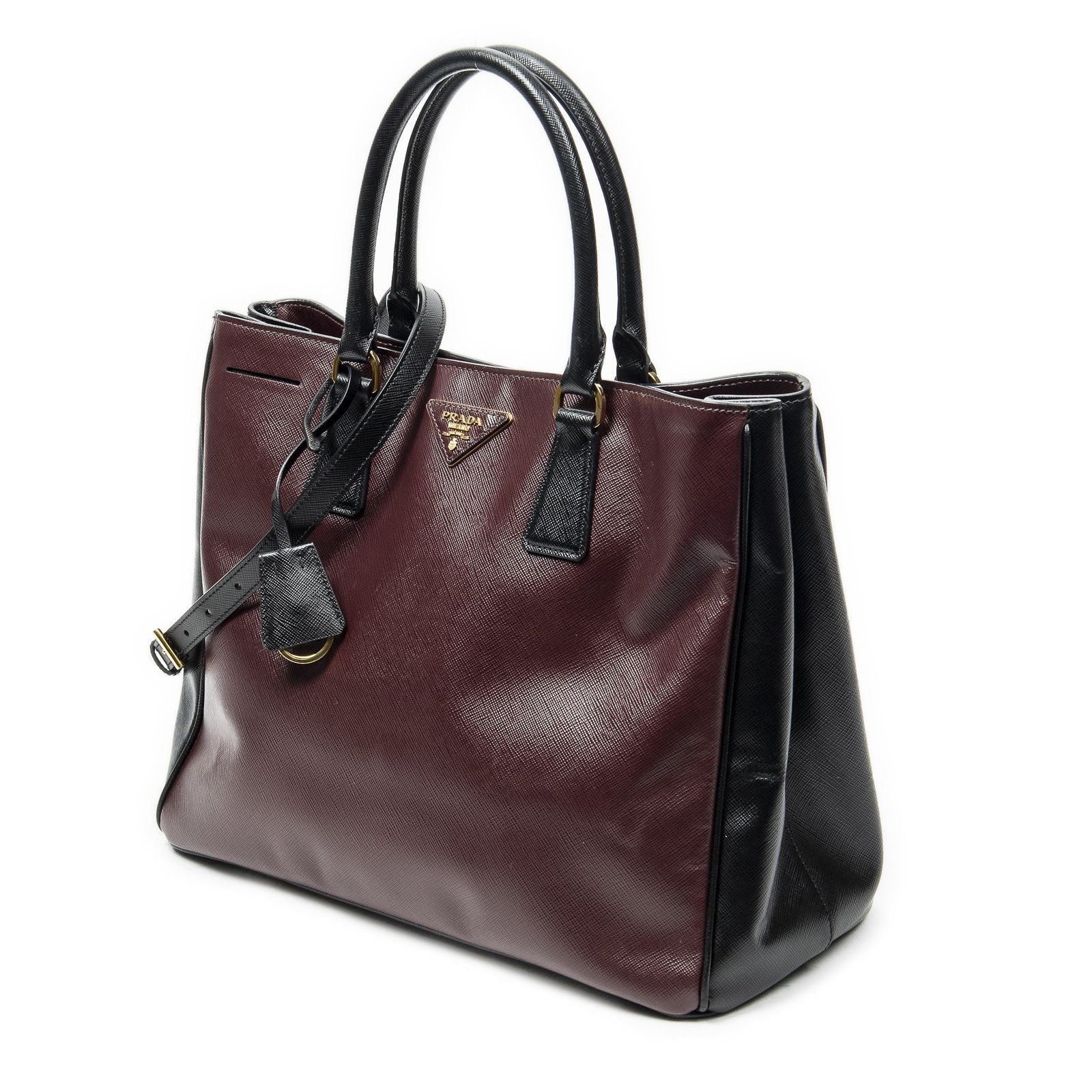 Prada Convertible Open Tote Burgundy Black Saffiano Leather — view 2