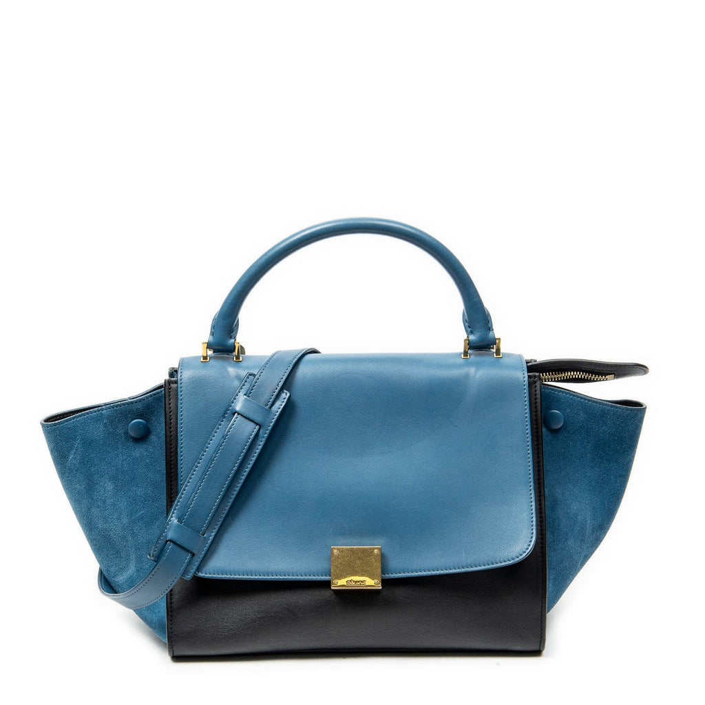 Celine Small Bicolor Trapeze Blue Black Smooth Leather Shoulder
