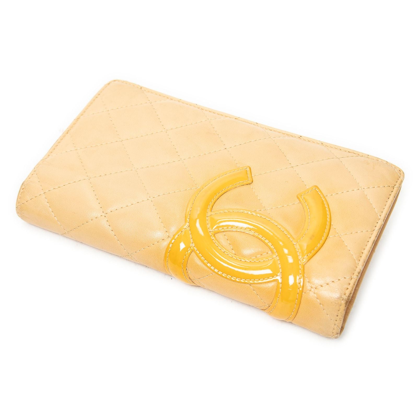 Chanel Cambon Ligne Bifold Wallet Beige Orange Quilted Lambskin Leather
