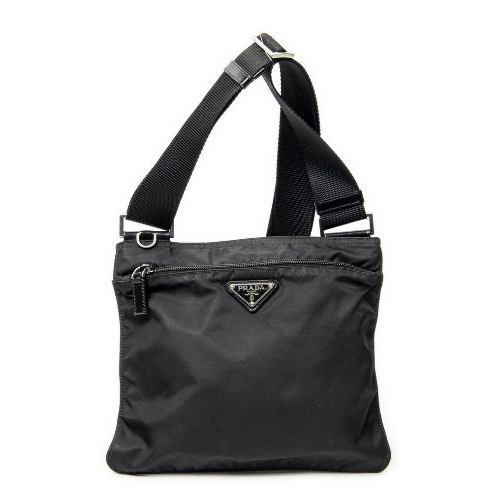 Prada Small Zip Flat Messenger Black Nylon Canvas