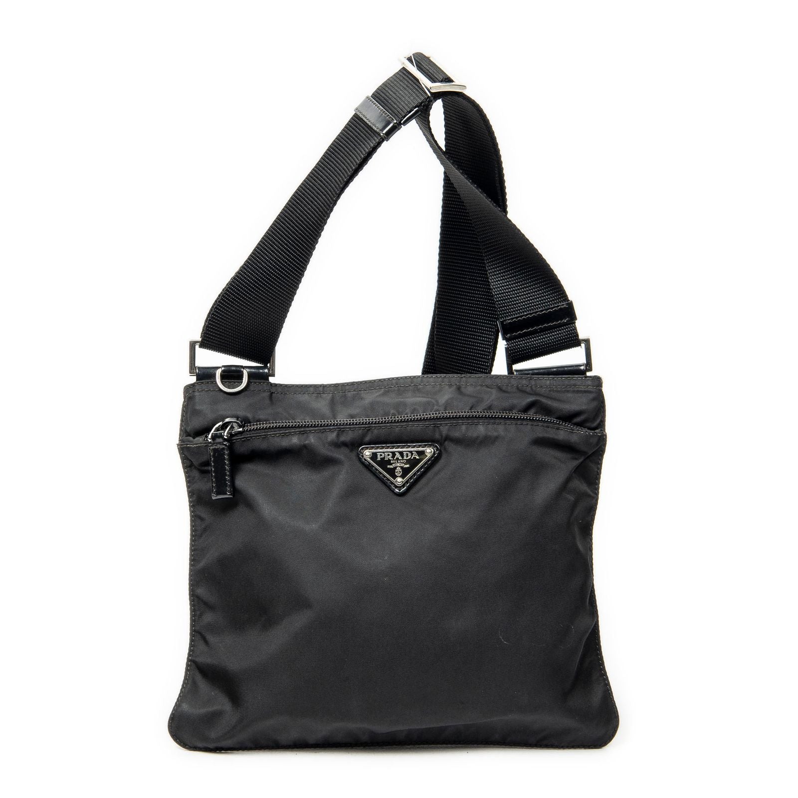 Prada Small Zip Flat Messenger Black Nylon Canvas