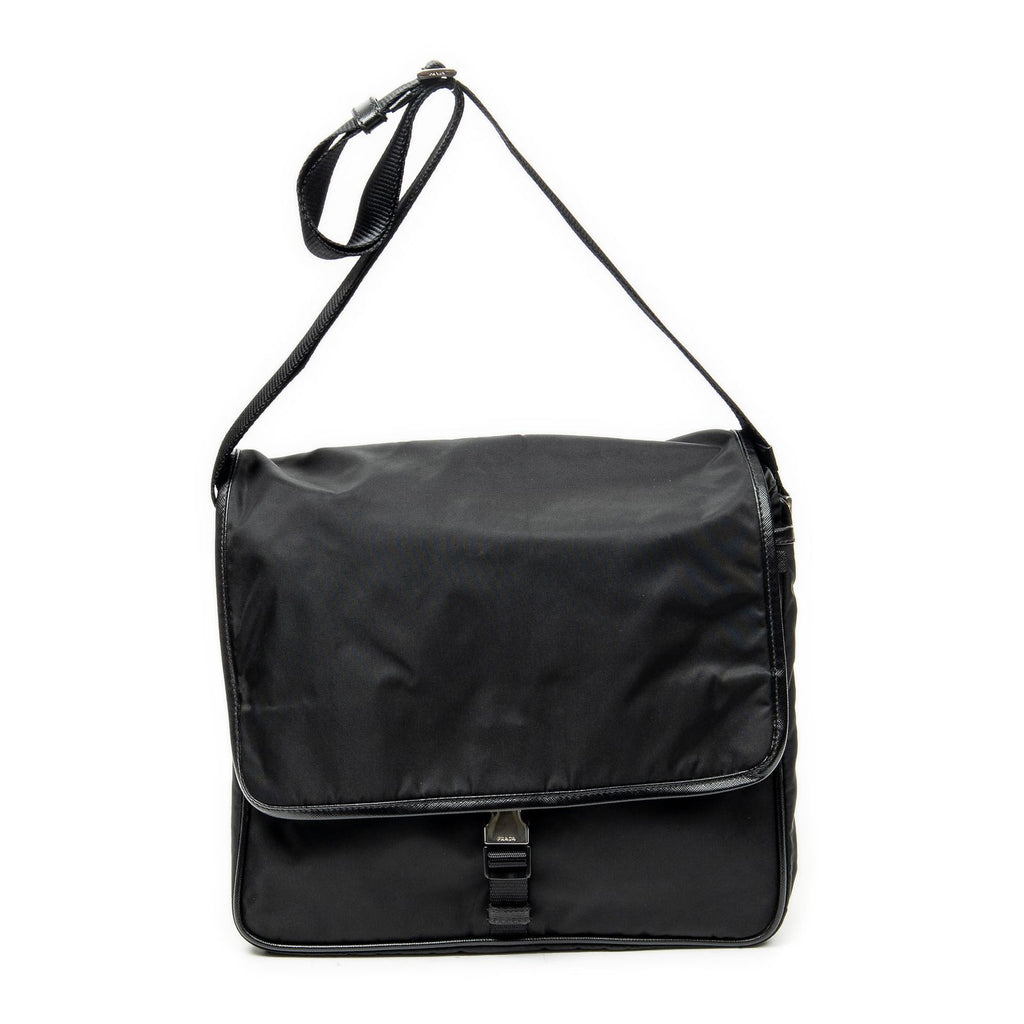 Prada Buckle Flap Messenger Bag Black Nylon Canvas