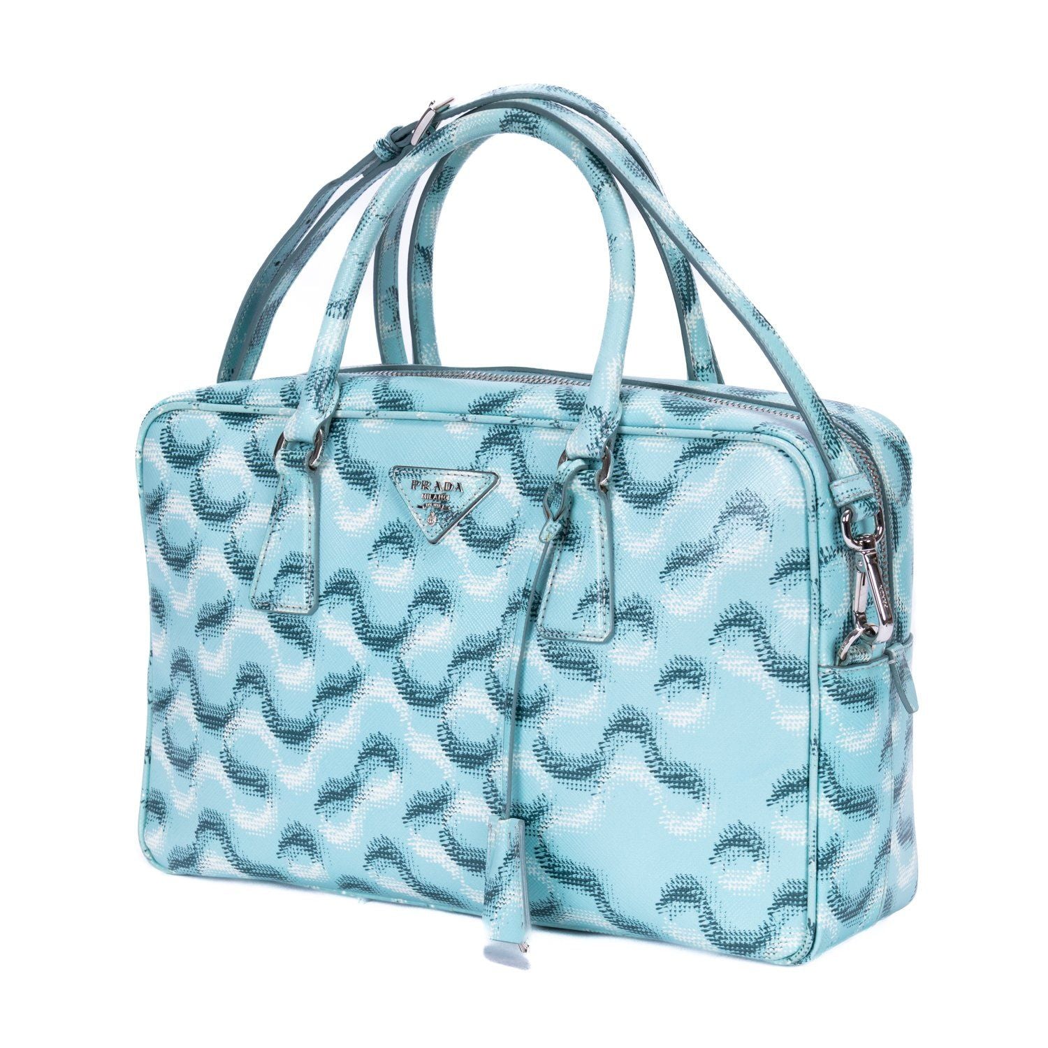 Prada Bowlet Turquoise Print Saffiano Leather Handbag — view 2