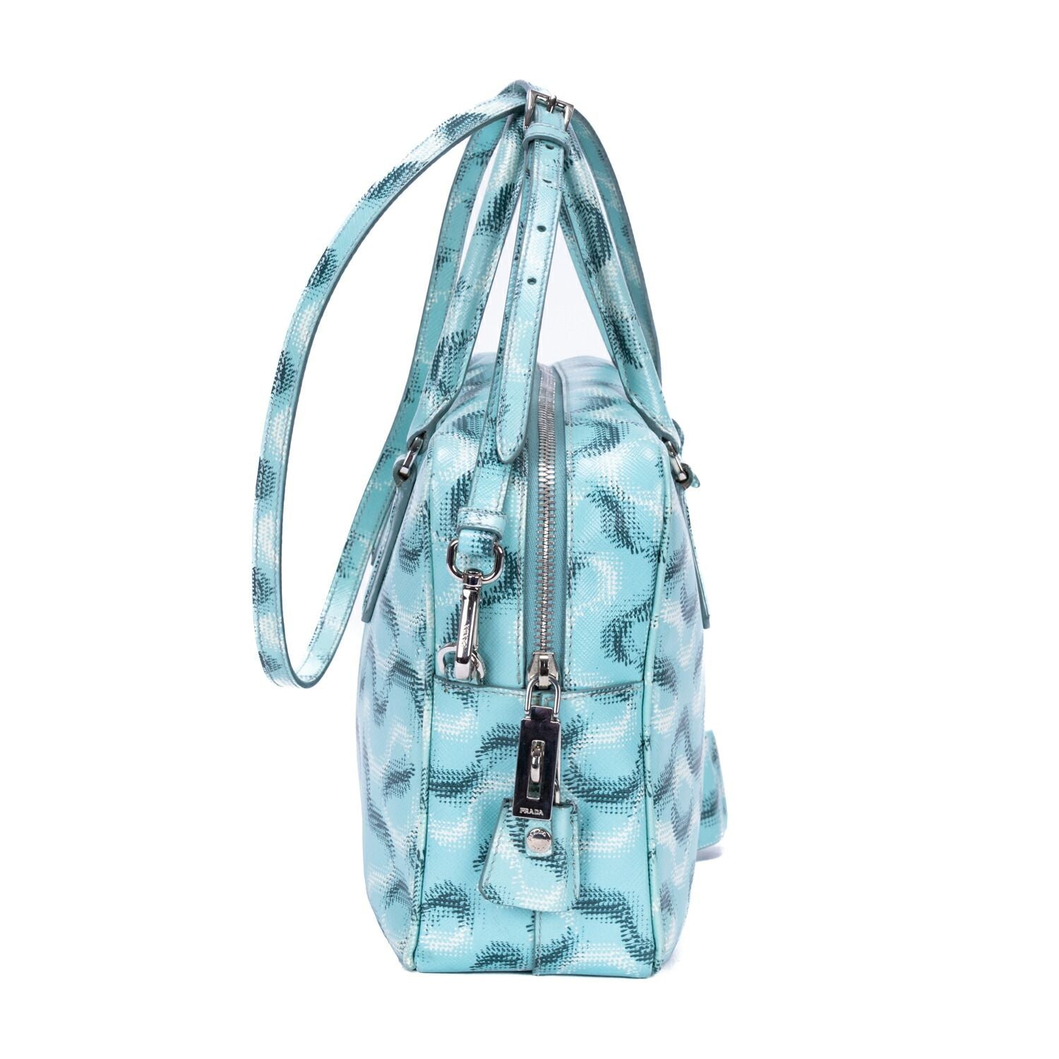 Prada Bowlet Turquoise Print Saffiano Leather Handbag — view 4