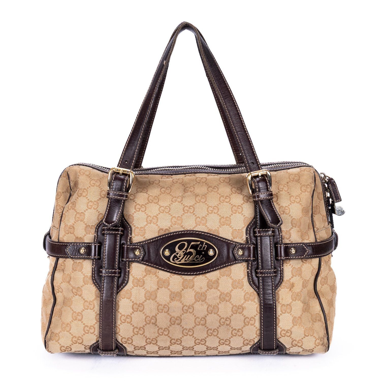 Gucci Ltd Ed Anniversary Boston Beige Dark Brown Monogram Canvas Shoulder