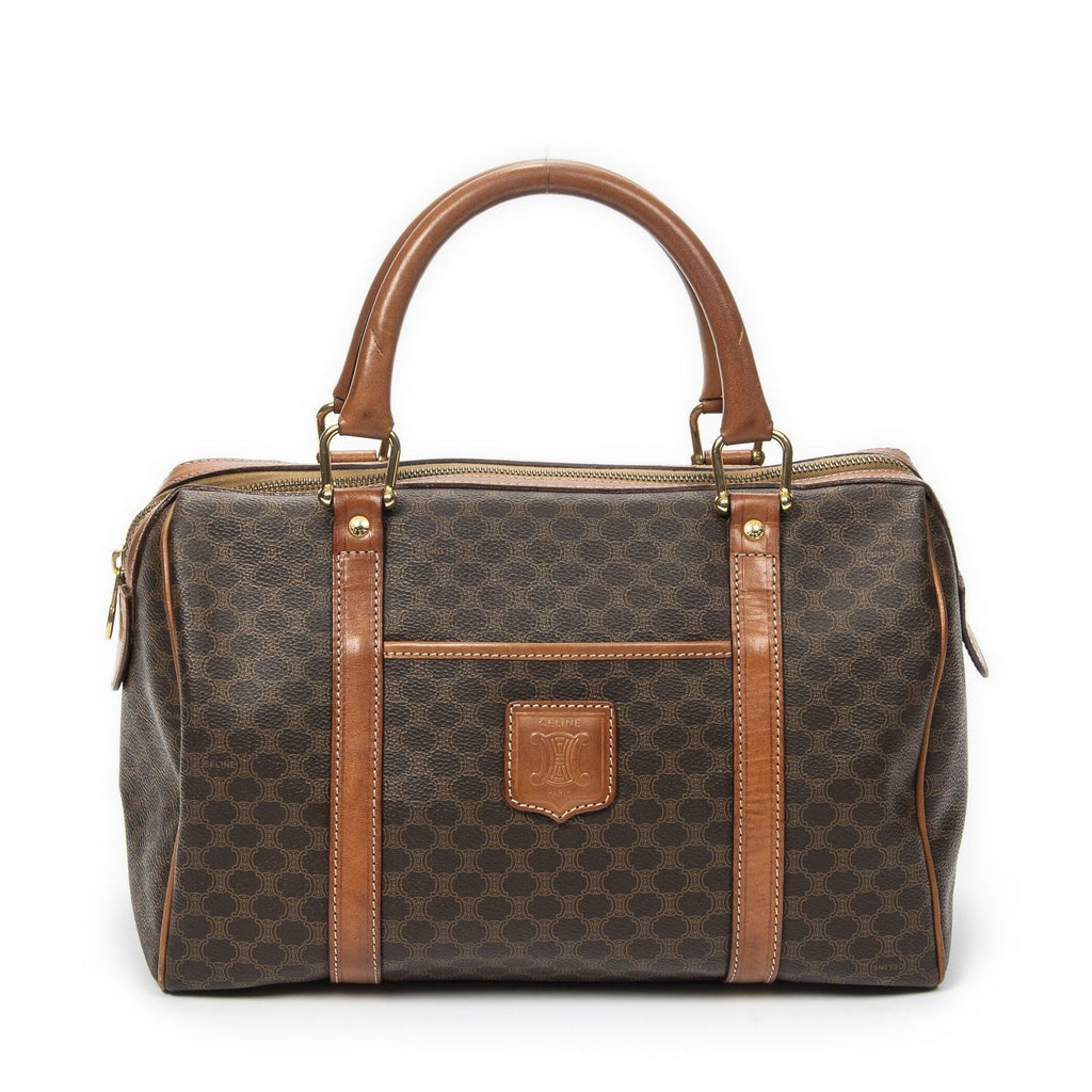 Celine Vintage Small Boston Brown Macadam Canvas Handbag