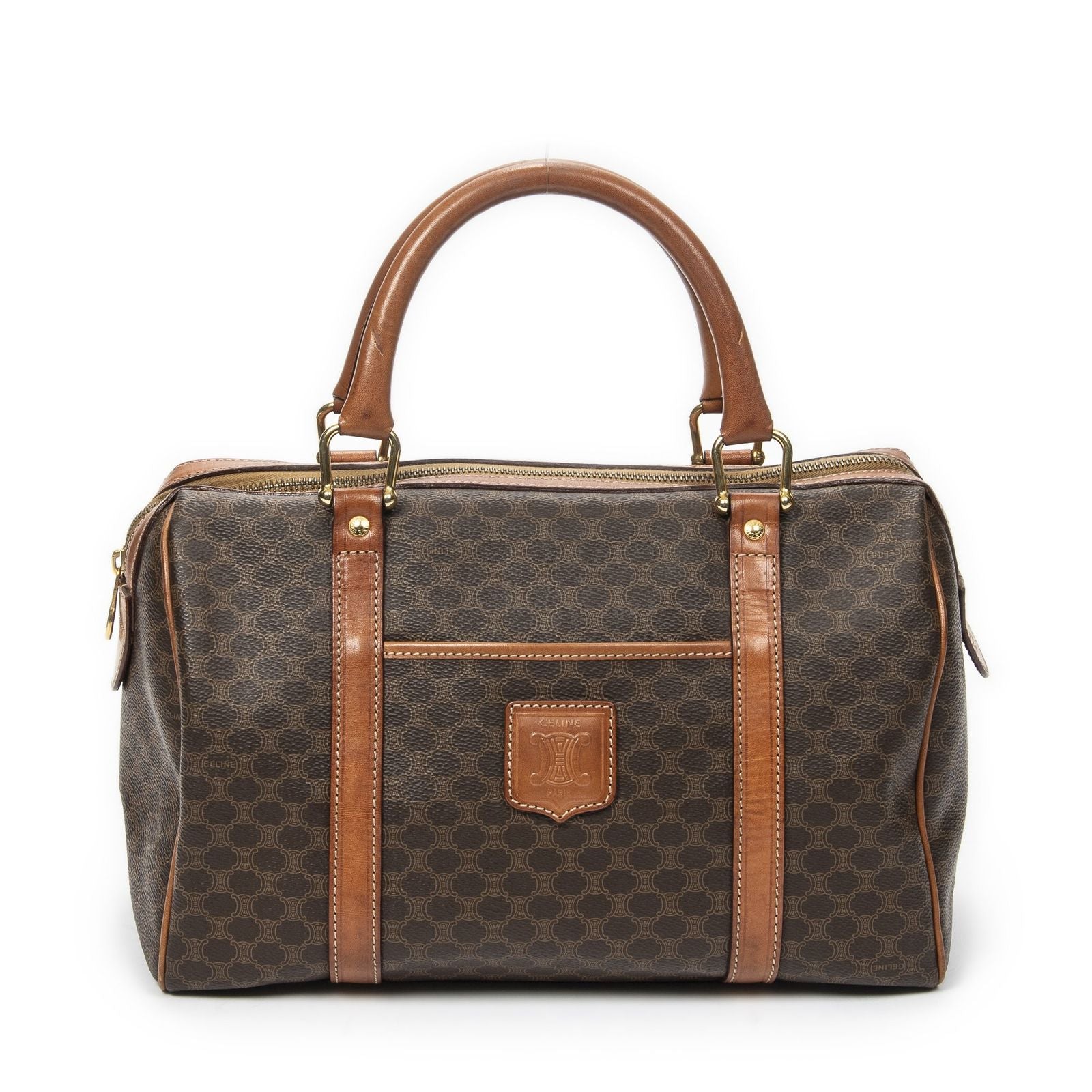 Celine Vintage Small Boston Brown Macadam Canvas Handbag