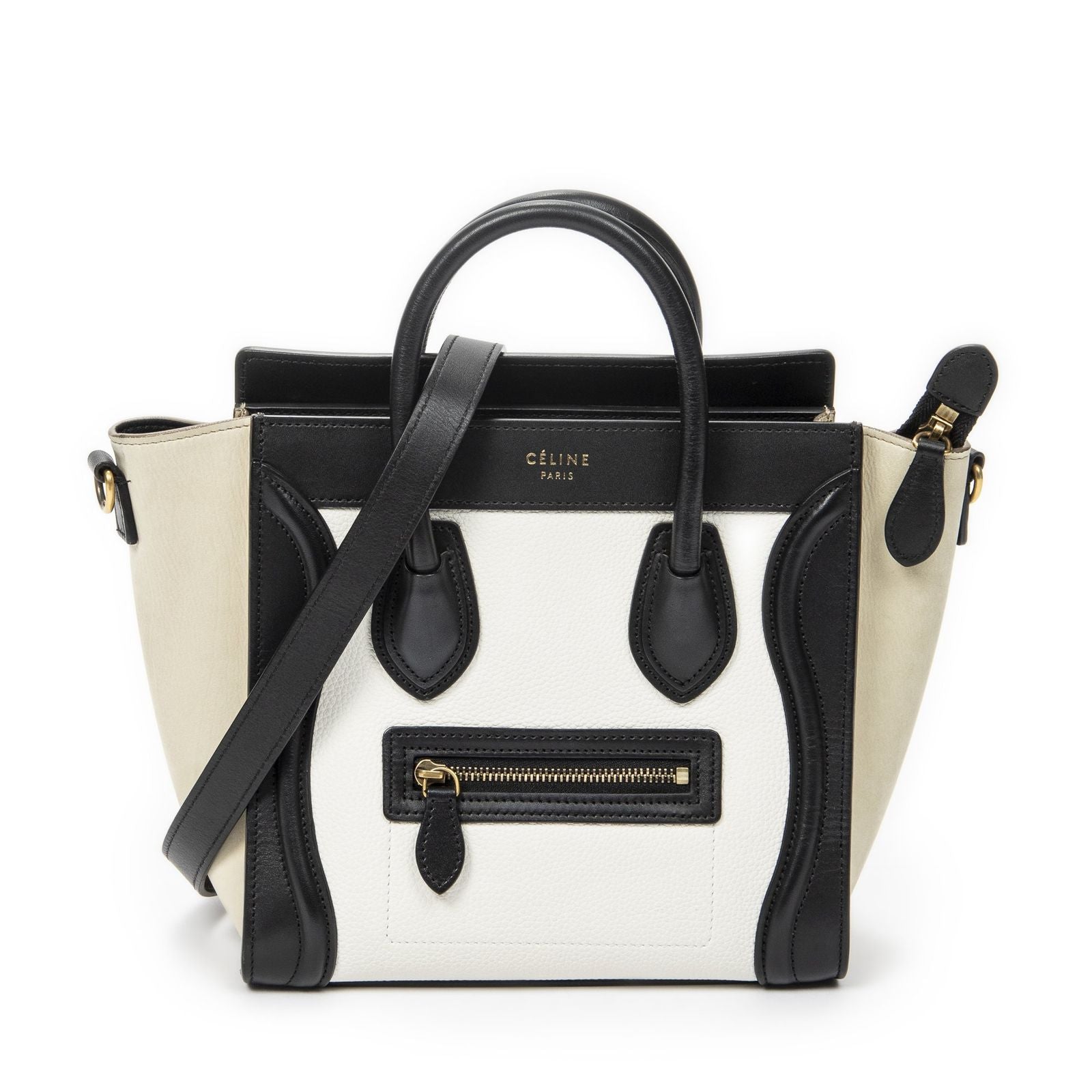 Celine Nano Tricolor Luggage White Black Beige Calfskin Leather