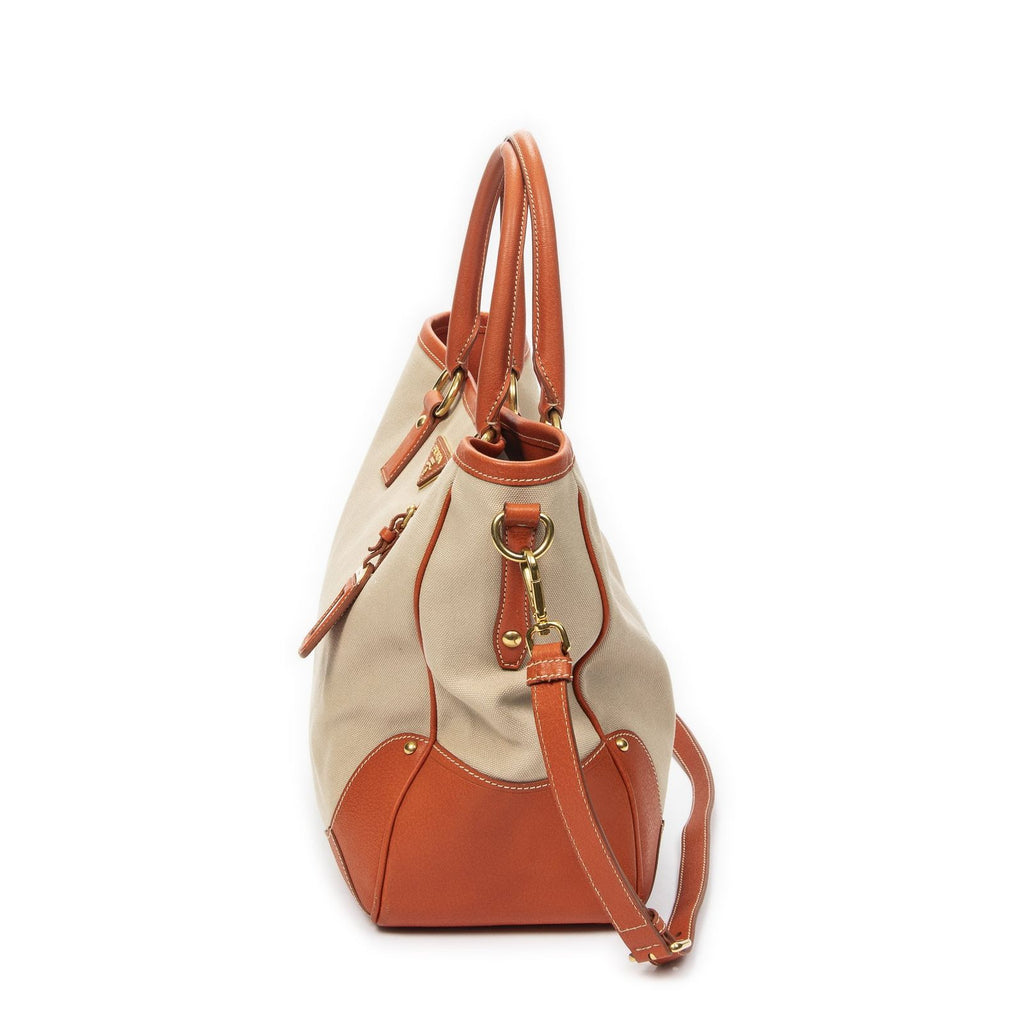 Prada Shopping Tote Orange Beige Woven Canvas — view 3