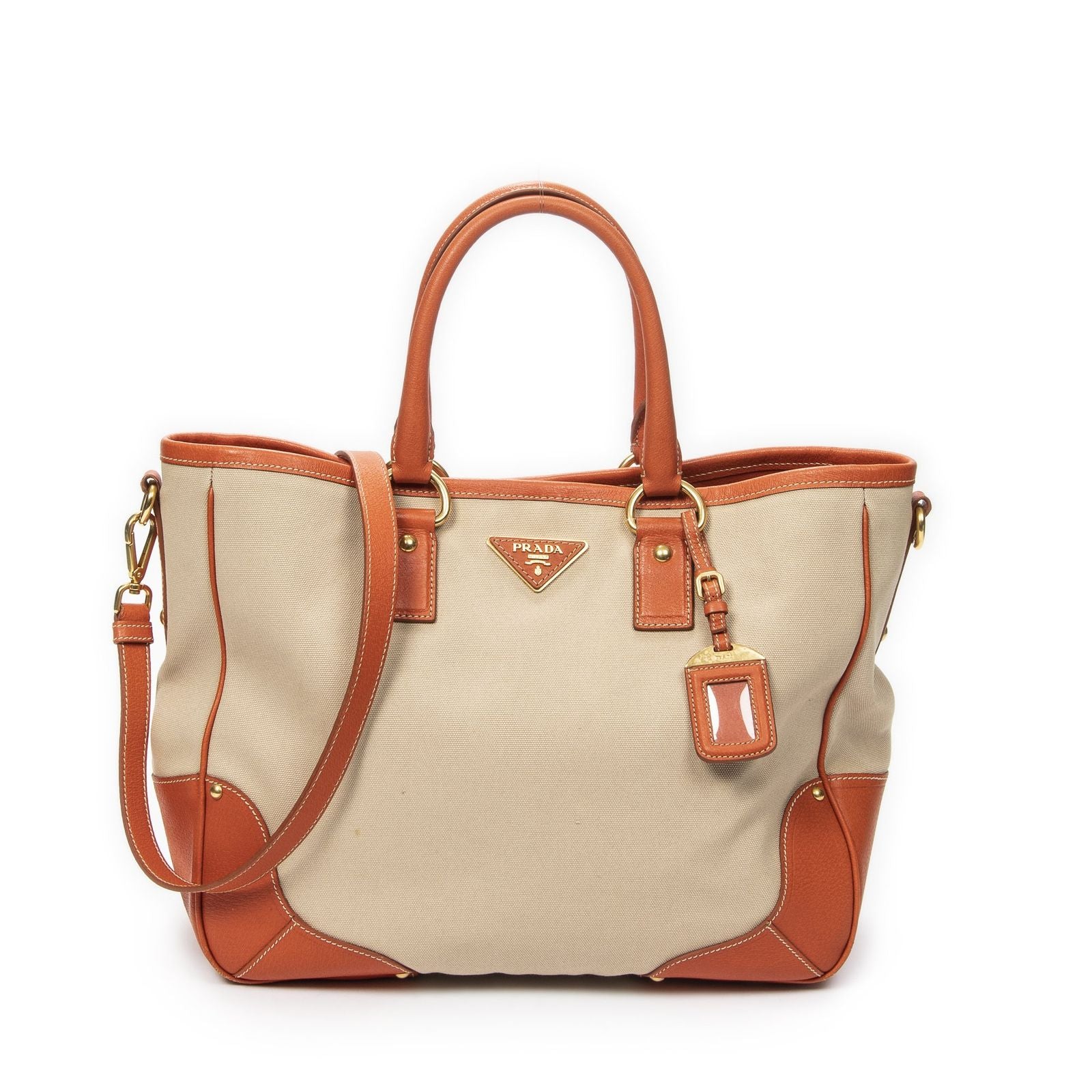 Prada Shopping Tote Orange Beige Woven Canvas