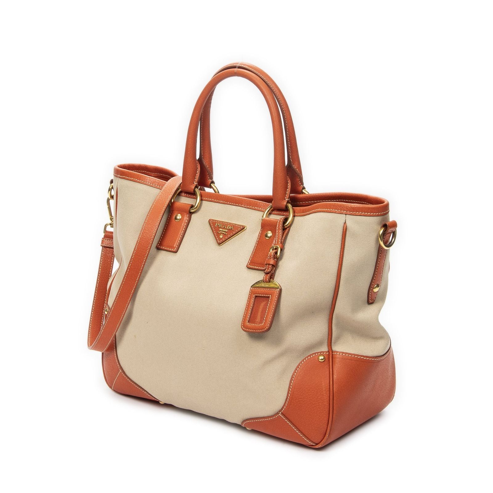 Prada Shopping Tote Orange Beige Woven Canvas — view 2