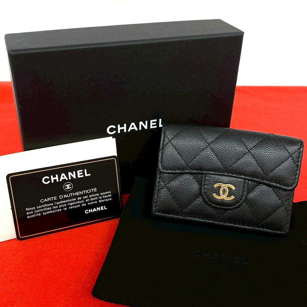 Chanel Box Card with Number 28 Quilted CC Logo Caviar Leather Trifold Wallet