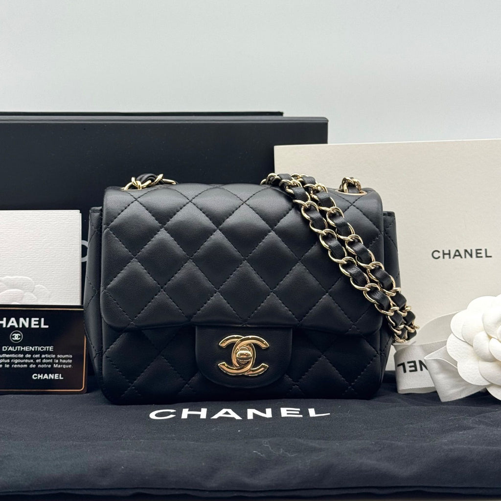 Chanel Shoulder Bag Mini Quilted Lambskin CC Logo Turnlock Leather Black