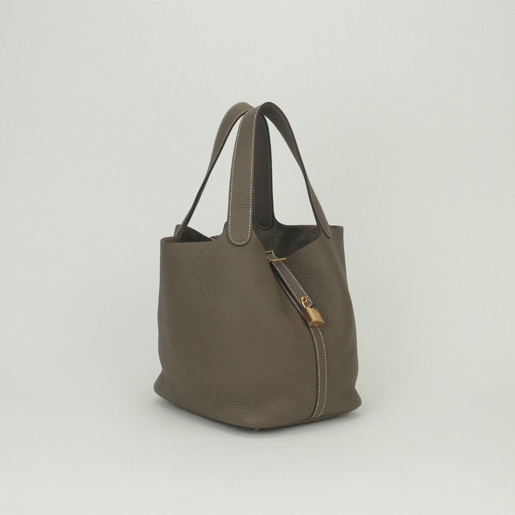 Hermes Picotin Lock MM 22 Tote Taurillon Clemence Etoupe Gray Gold Handbag — view 2