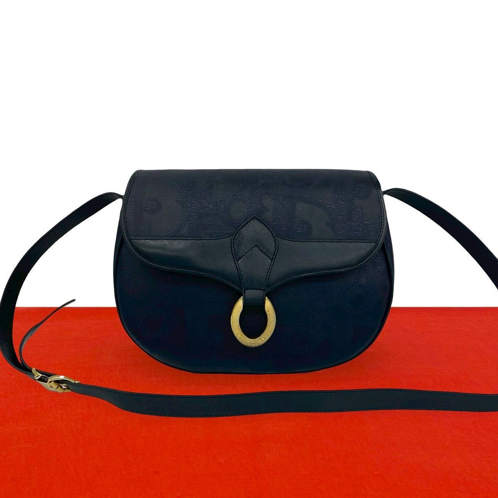 Dior Vintage Logo Trotter Leather Shoulder Bag Crossbody Navy
