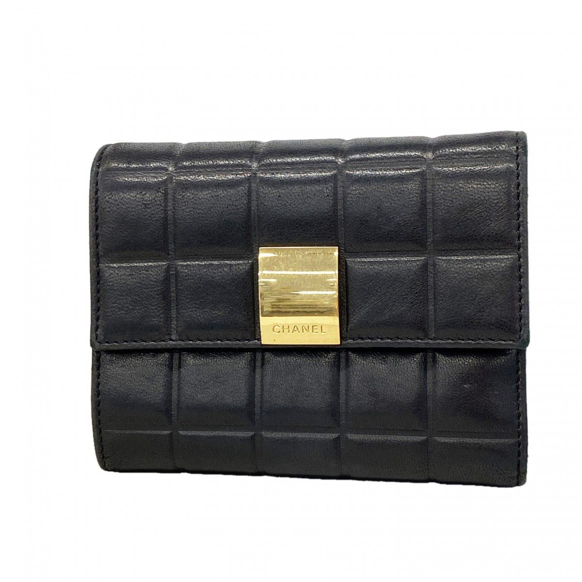 Chanel Trifold Wallet Choco Bar Lambskin Black Gold