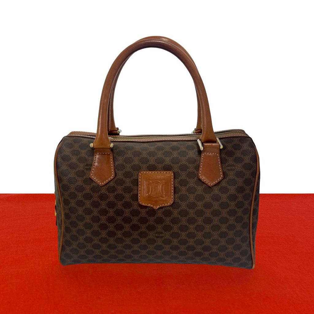 Celine Macadam Blason Triomphe Pattern Logo Leather Mini Boston Bag Brown