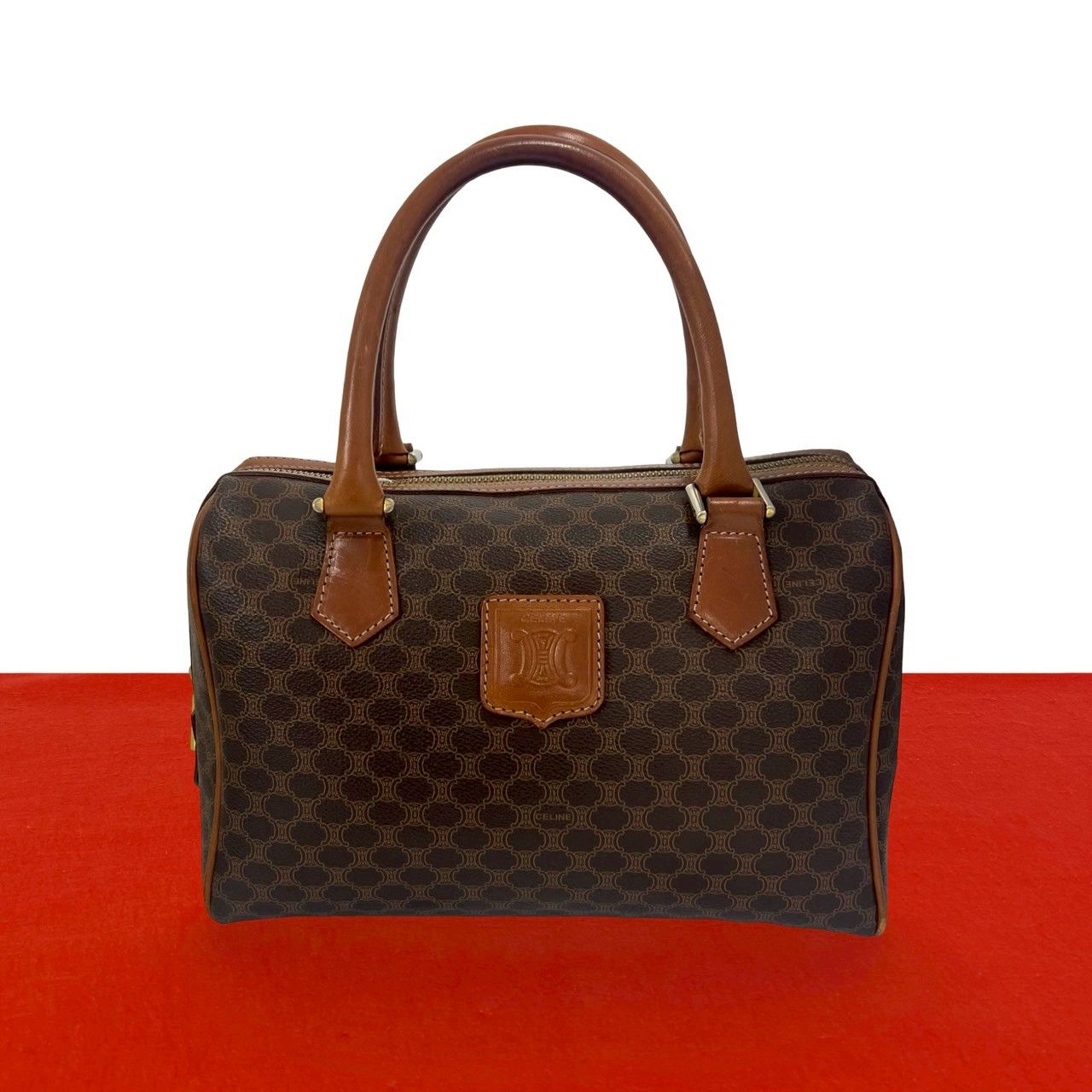 Celine Macadam Blason Triomphe Pattern Logo Leather Mini Boston Bag Brown