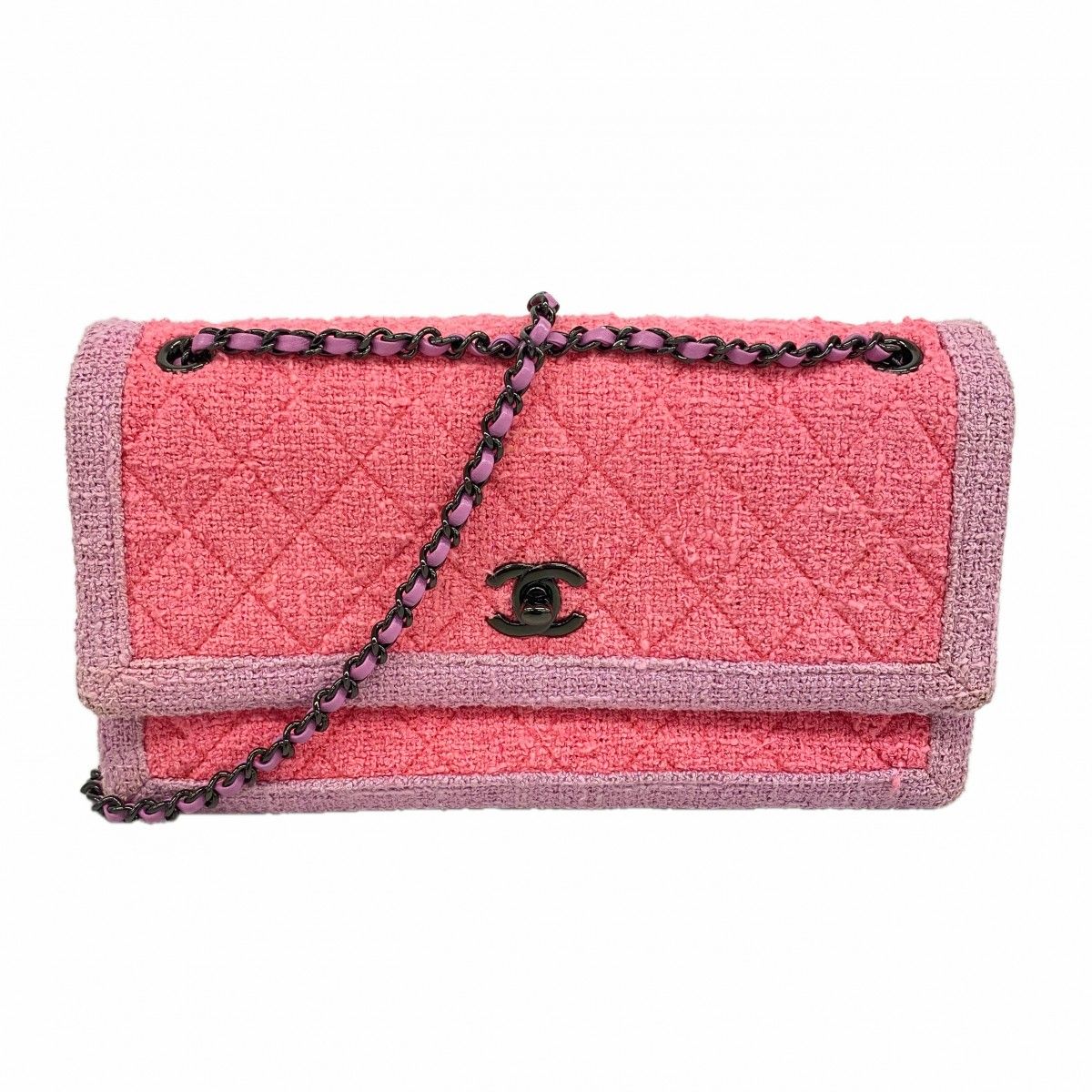 Chanel Shoulder Bag Quilted Tweed Pink Purple