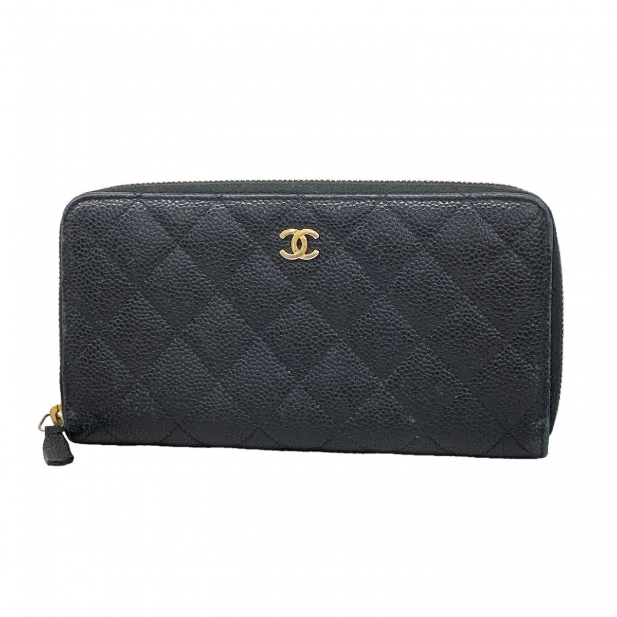 Chanel Wallet Quilted Caviar Leather Black Champagne Gold
