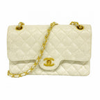 Chanel Shoulder Bag Quilted Lambskin White Gold