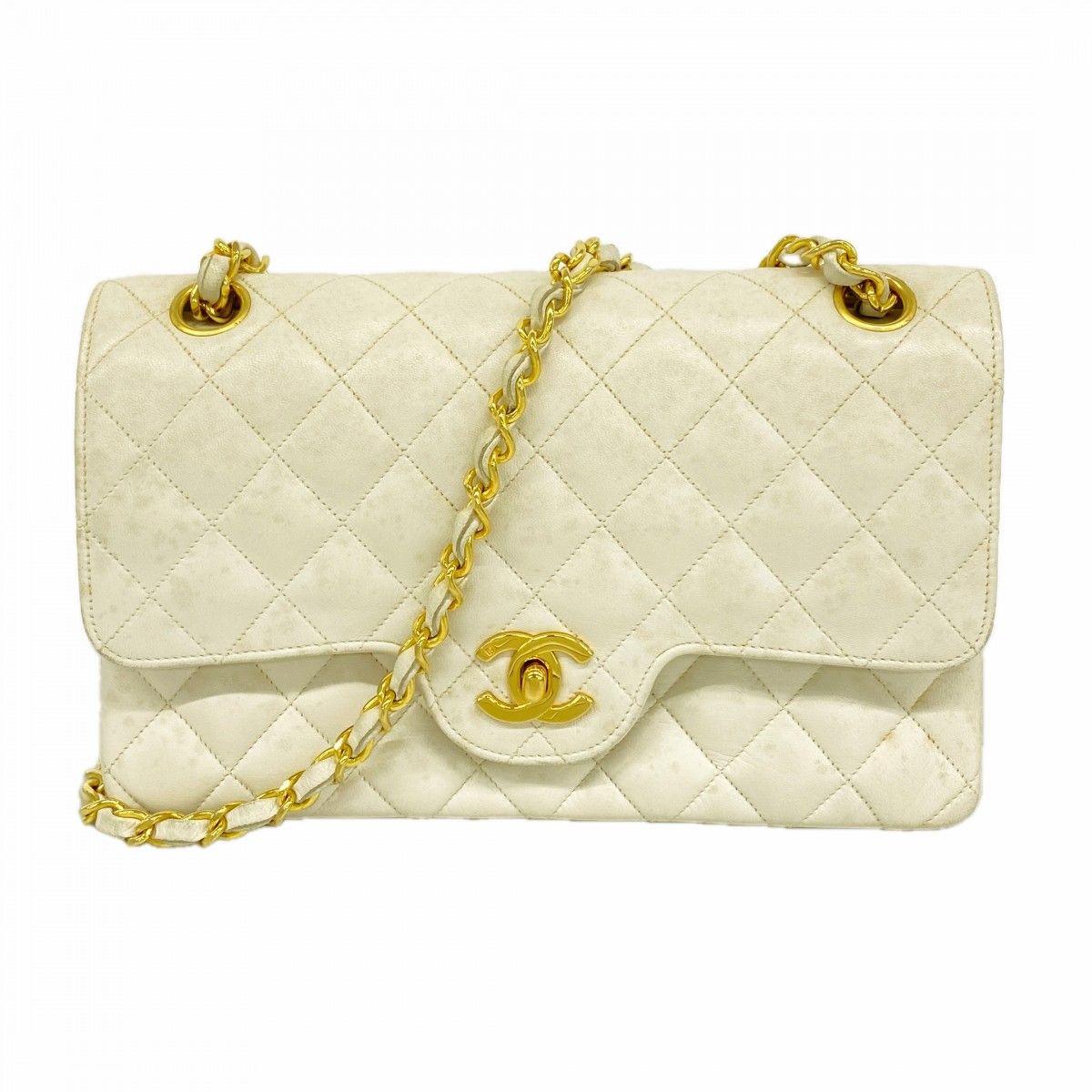 Chanel Shoulder Bag Quilted Lambskin White Gold