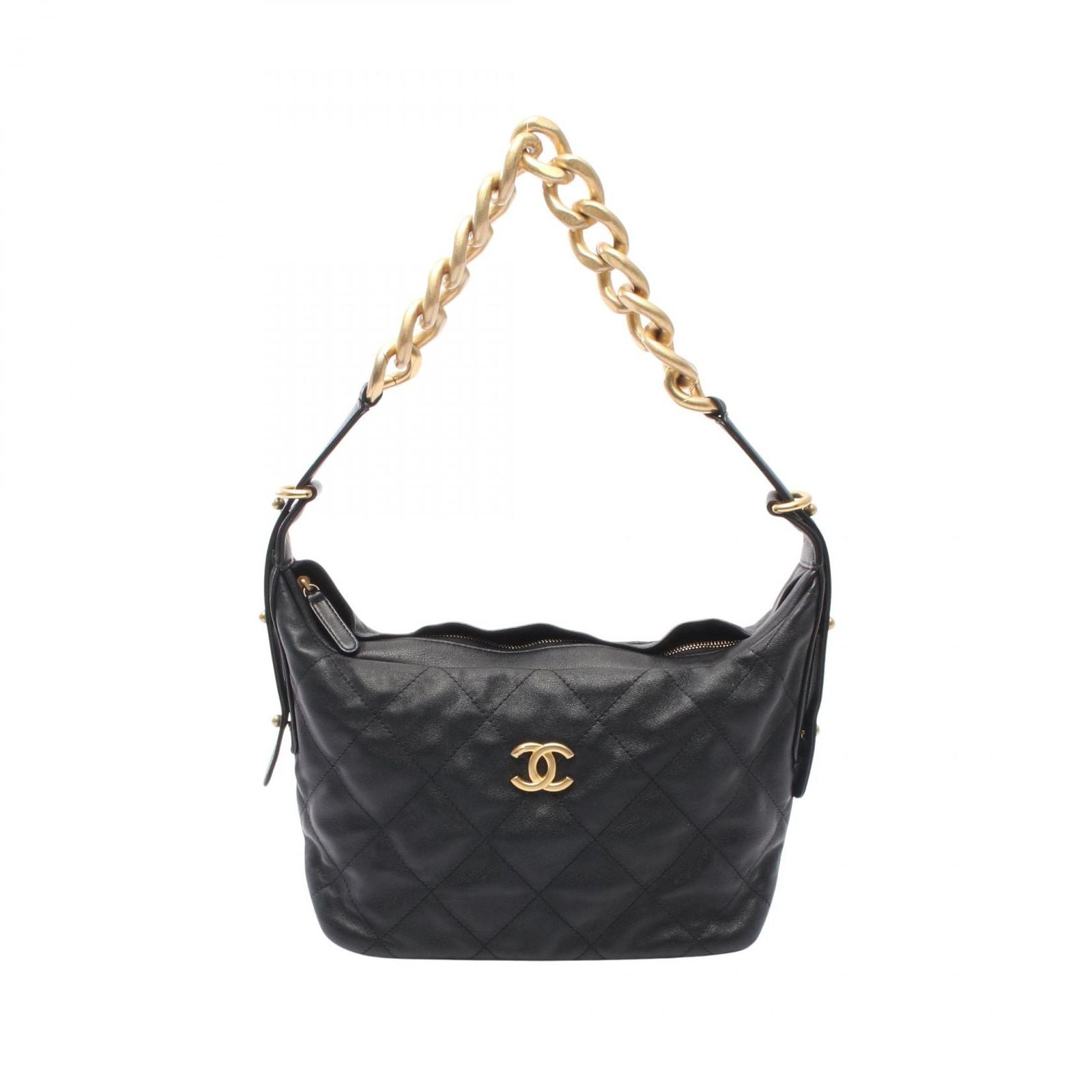 Chanel Shoulder Bag Quilted Hobo Black Lambskin