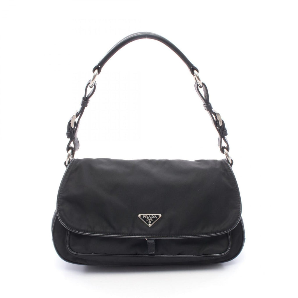 Prada Shoulder Bag Vela Vintage Black Nylon Saffiano Leather Triangle Logo