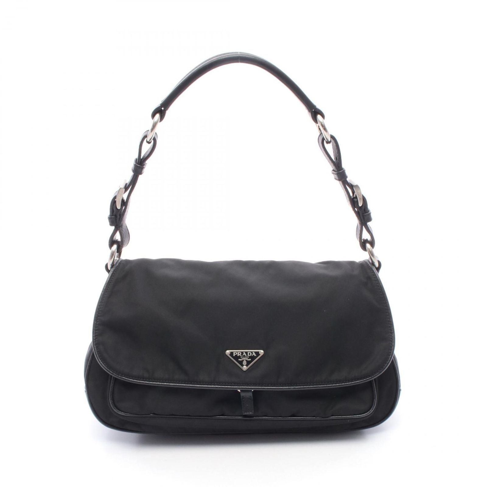 Prada Shoulder Bag Vela Vintage Black Nylon Saffiano Leather Triangle Logo