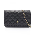 Chanel Shoulder Bag Quilted Black Caviar Leather Chain Wallet
